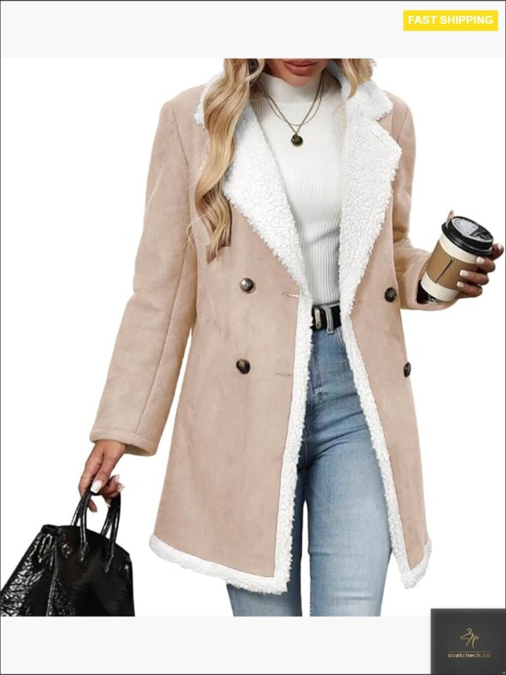 Faux Suede Pea Coat Sherpa Lined Classic Notch Lapel Double Breasted Winter
